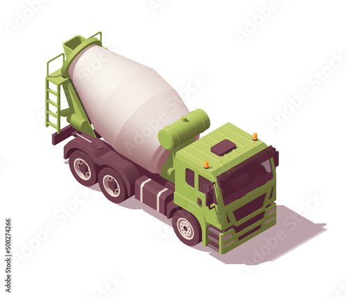 Isometric concrete mixer truck. Isolated low poly cement mixer truck on white backgroung. Vector illustrator. Collection