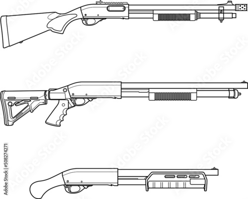 Shotguns - set of different pump action guns. Tactical combat weapon, hunting.