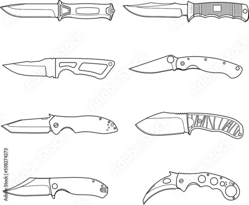 Tactical knives - set of different knifes, blades. Tactical combat weapon, hunting.