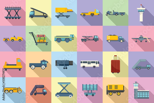Airport ground support service icons set flat vector. Cargo aero