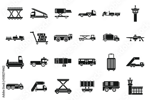 Airport ground support service icons set simple vector. Cargo aero