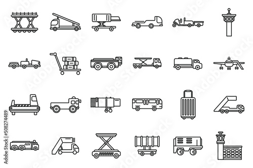 Airport ground support service icons set outline vector. Cargo aero