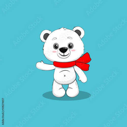 cute cartoon polar bear cub in a red scarf on blue background. Vector illustration