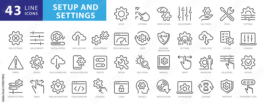 Setup and Settings Icons Set. Collection of simple linear web icons such Installation, Settings, Options, Download, Update, Gears and others and others. Editable vector stroke - obrazy, fototapety, plakaty 