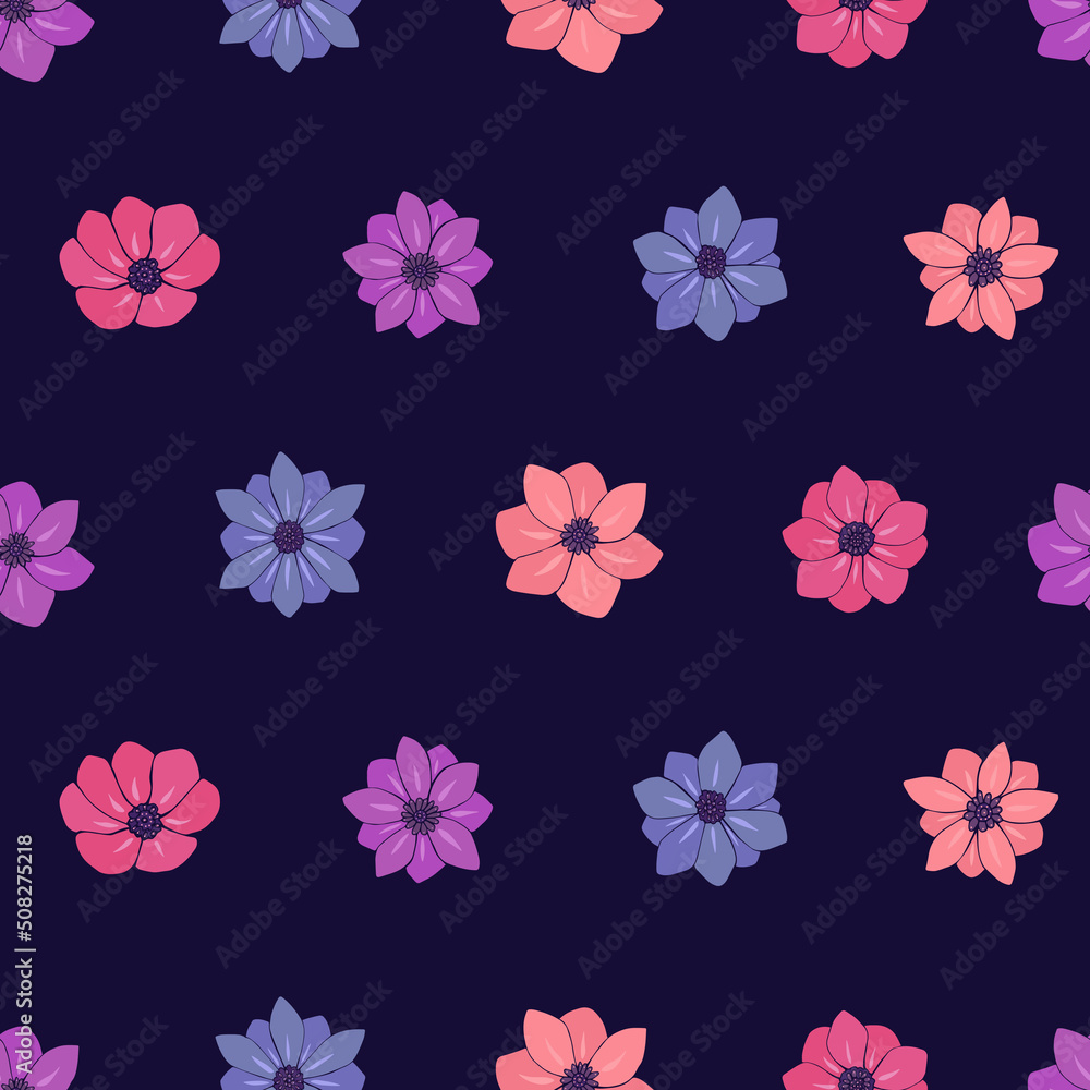 Seamless vector pattern of flowers. Background for greeting card, website, printing on fabric, gift wrap, postcard and wallpapers. Anemone flowers. Seamless vector pattern of flowers. Background for greeting card, website, printing on fabric, gift wrap, postcard and wallpapers. Anemone flowers.