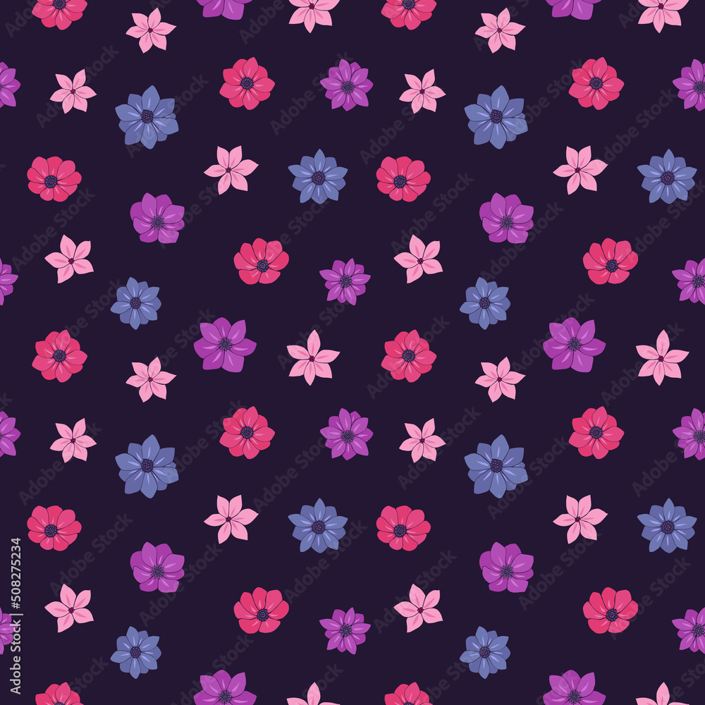 Seamless vector pattern of flowers. Background for greeting card, website, printing on fabric, gift wrap, postcard and wallpapers. Anemone, phlox flowers. 