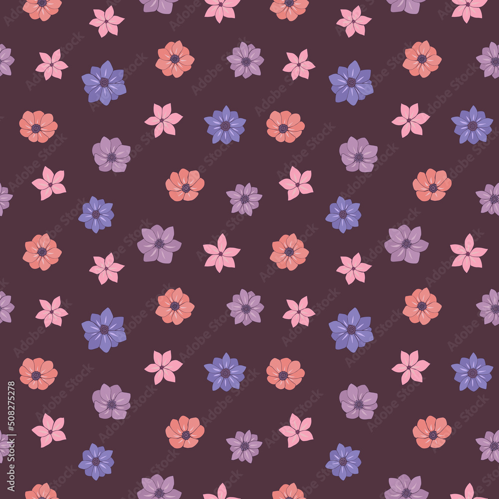 Seamless vector pattern of flowers. Background for greeting card, website, printing on fabric, gift wrap, postcard and wallpapers. Anemone, phlox flowers. Seamless vector pattern of flowers. Background for greeting card, website, printing on fabric, gift wrap, postcard and wallpapers. Anemone, phlox flowers.
