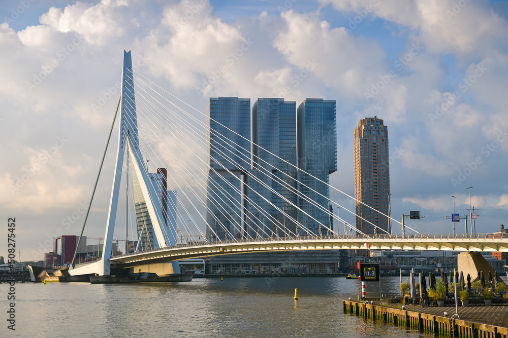 Erasmus Bridge in Rotterdam over Nieuwe Maas river during a beautiful morning sunrise. Architecture landmark of the Netherlands, Holland.