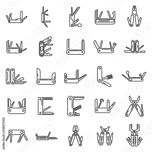 Multitool icons set outline vector. Multifunctional knife