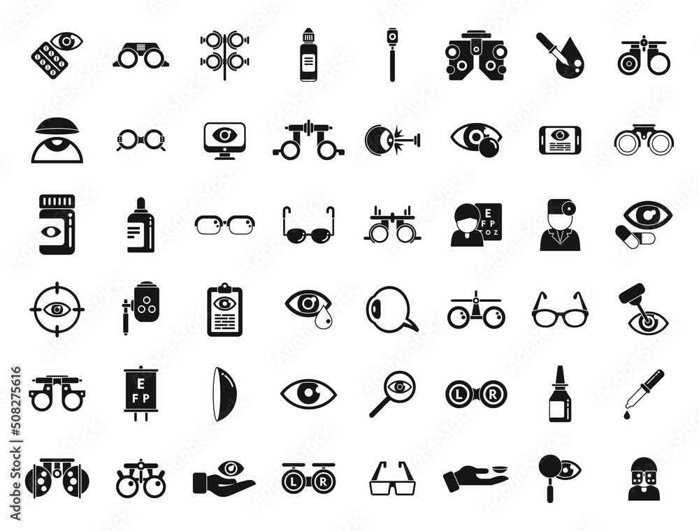 Optometry icons set simple vector. Medical eye Optometry icons set simple vector. Medical eye