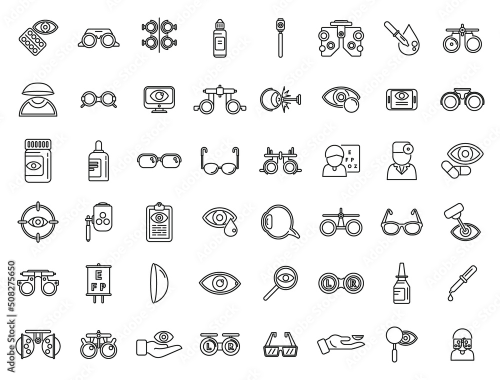 Optometry icons set outline vector. Medical eye Optometry icons set outline vector. Medical eye