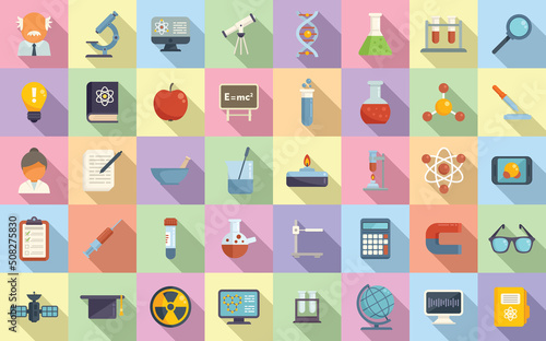 Research scientist icons set flat vector. Lab formula