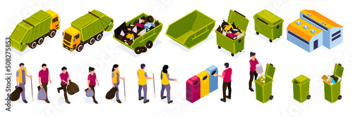 Isometric Garbage Recycling Color Icon Set