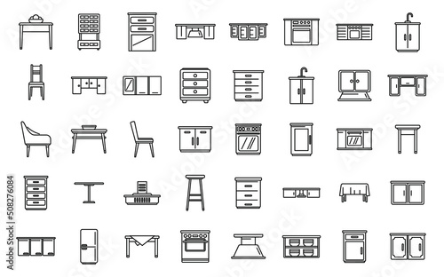 Kitchen furniture icons set outline vector. Apartment comfort