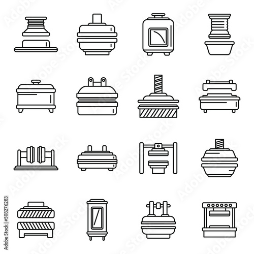 Press form machines icons set outline vector. Formation manufacturing