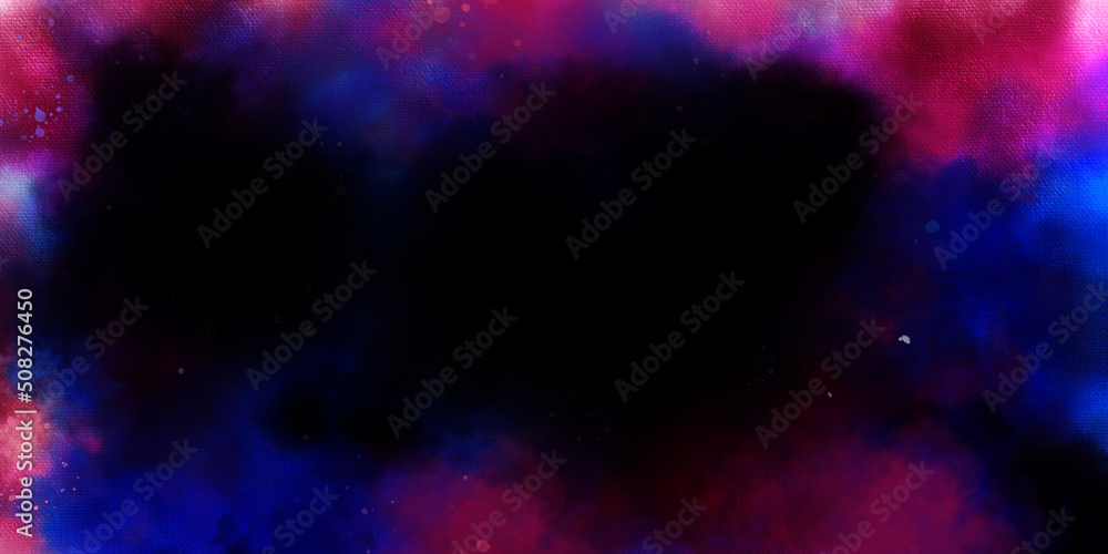Abstract cosmic purple ink texture water color paint illustration. Paper textured aquarelle canvas for creative design with scratches. Deep dark violet neon lights watercolor background. 