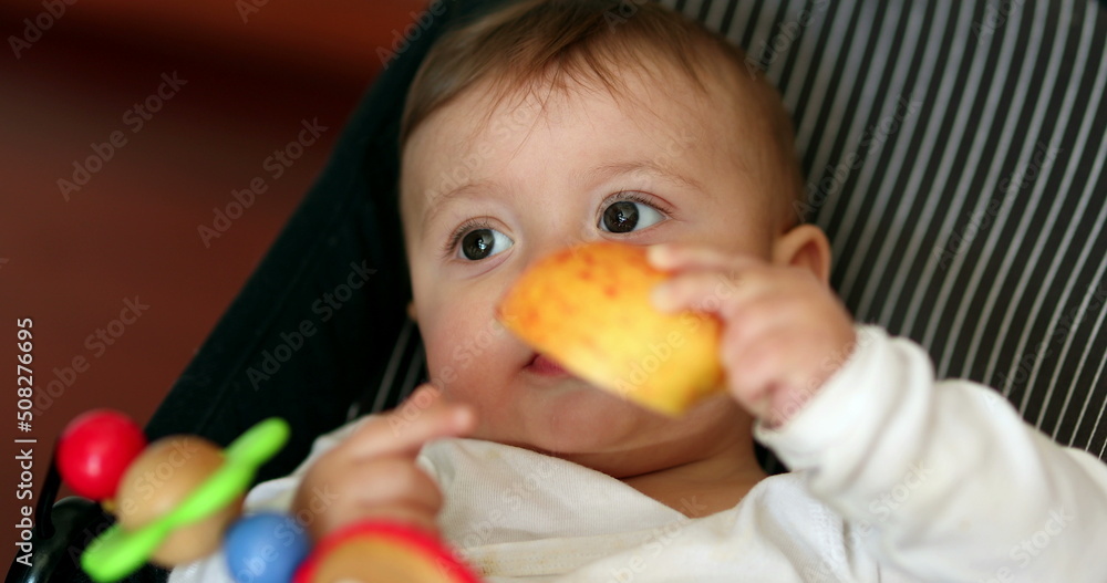 Cute baby eating apple fruit. Infant boy eats healty snack Cute baby eating apple fruit. Infant boy eats healty snack