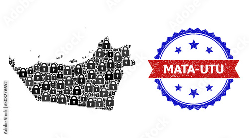 Shield mosaic map of Abu Dhabi Emirate, and bicolor unclean Mata-Utu seal stamp. Vector stamp seal contains Mata-Utu title inside red ribbon and blue rosette.