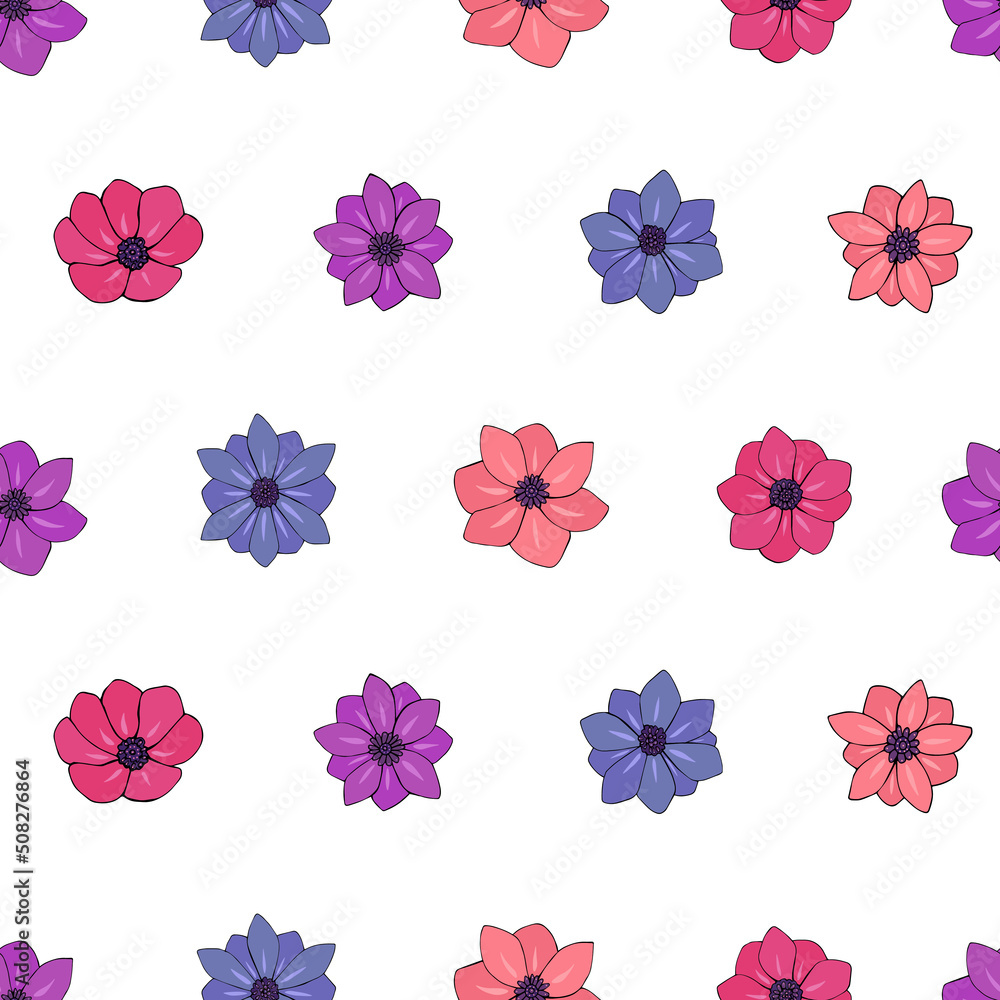 Naklejka premium Seamless vector pattern of flowers. Background for greeting card, website, printing on fabric, gift wrap, postcard and wallpapers. Anemone flowers.