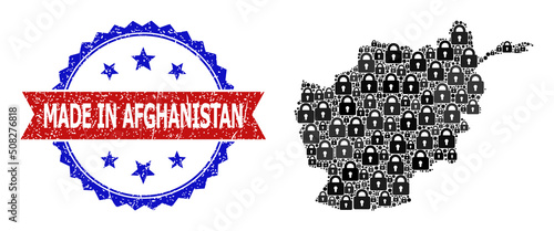 Safeguard mosaic map of Afghanistan, and bicolor unclean Made in Afghanistan seal stamp. Vector stamp seal contains Made in Afghanistan title inside red ribbon and blue rosette.