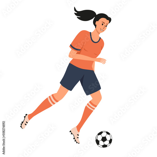 Smiling athletic happy beautiful girl soccer player kicking the ball. Woman playing football. Colorful art female character isolated on white background. Vector illustration.