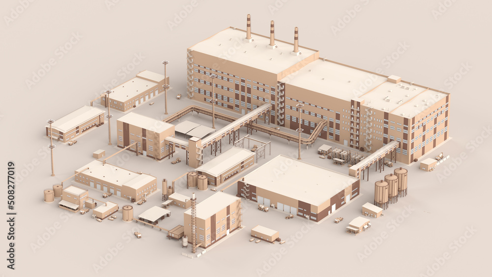 Plant in isometry on a light background. Industrial buildings with pipes, barrels and tanks. Factory in a soft palette, infographic element concept. 3d illustration Plant in isometry on a light background. Industrial buildings with pipes, barrels and tanks. Factory in a soft palette, infographic element concept. 3d illustration