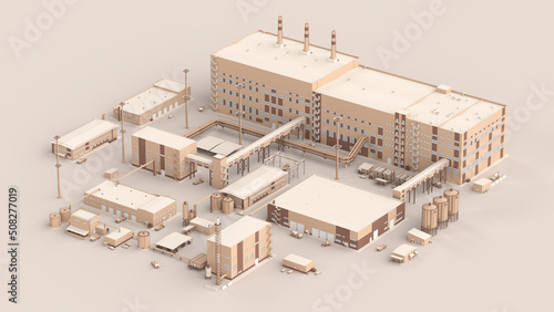 Fototapeta Naklejka Na Ścianę i Meble -  Plant in isometry on a light background. Industrial buildings with pipes, barrels and tanks. Factory in a soft palette, infographic element concept. 3d illustration