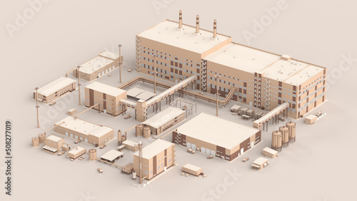 Plant in isometry on a light background. Industrial buildings with pipes, barrels and tanks. Factory in a soft palette, infographic element concept. 3d illustration