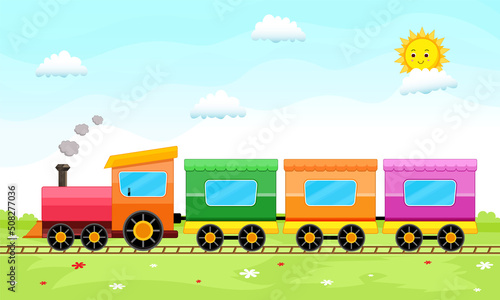 Coloful train with bright landscape, Beautiful vector illustration with train