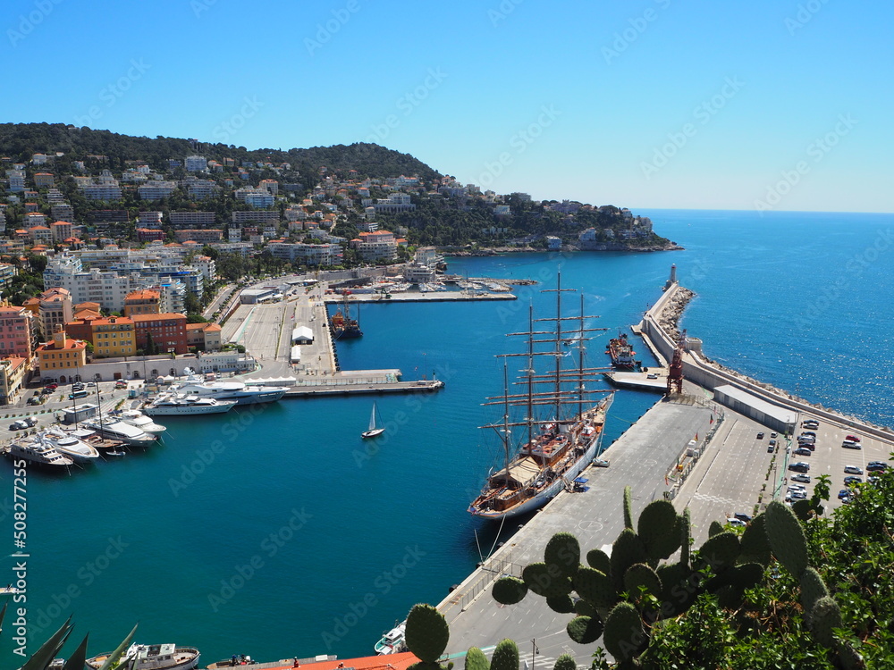View of the harbour (port) from the Castle Hill, French Riviera. Nice, Cote d'Azur, France