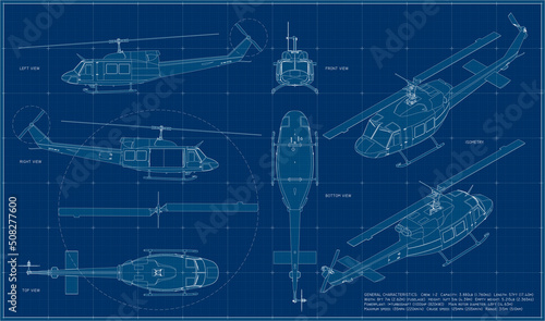 Combat military helicopter us army. Fighting vehicle during the Vietnam War. Blueprint with projections and isometry. Scale model.
