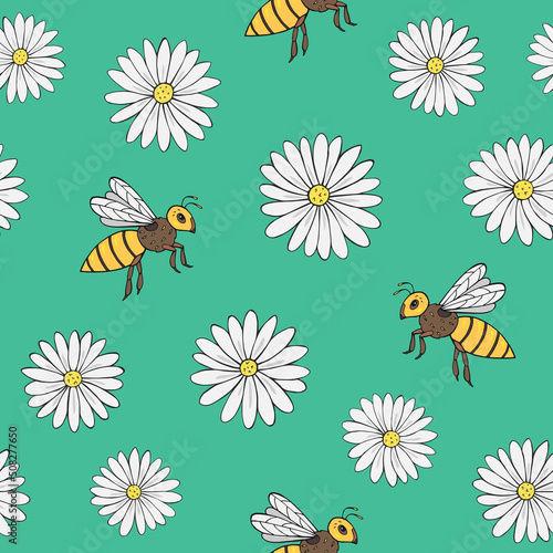 Seamless vector pattern with chamomile and bees. Decoration print for wrapping, wallpaper, fabric, textile. © Anna Sobol