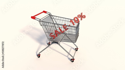 Trolley cart for supermarket. Shopping cart. 10% discount. 3D visualization.