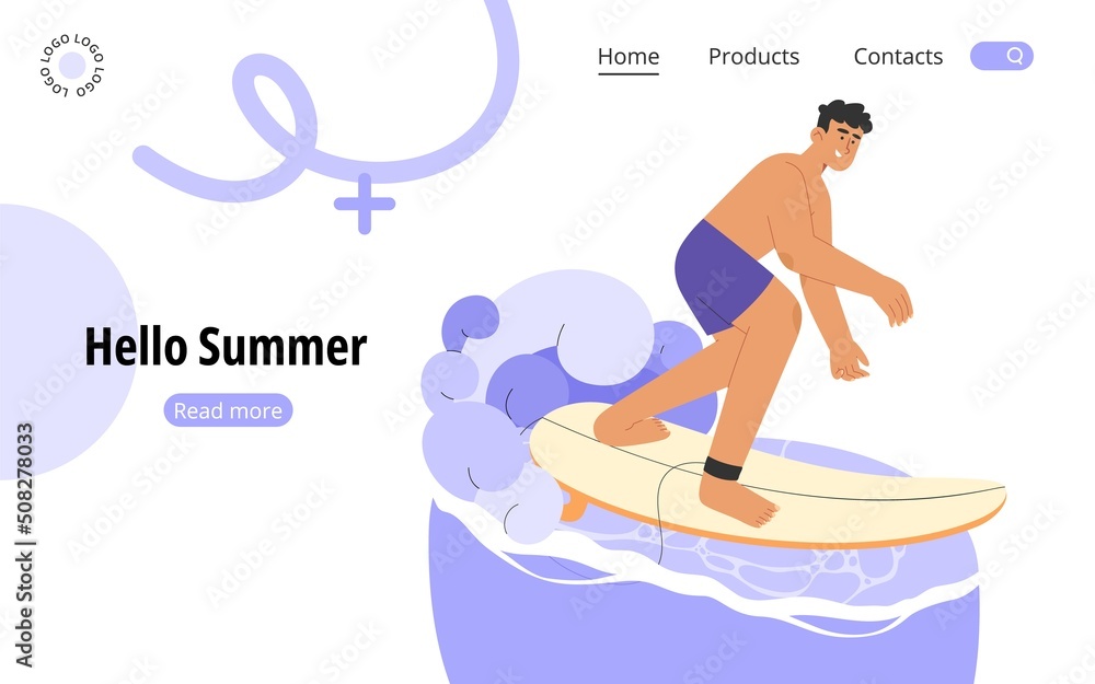 Flat vector illustration with male character surfing in the sea or ocean. Summer vacation banner concept on a tropical island or seaside resort.