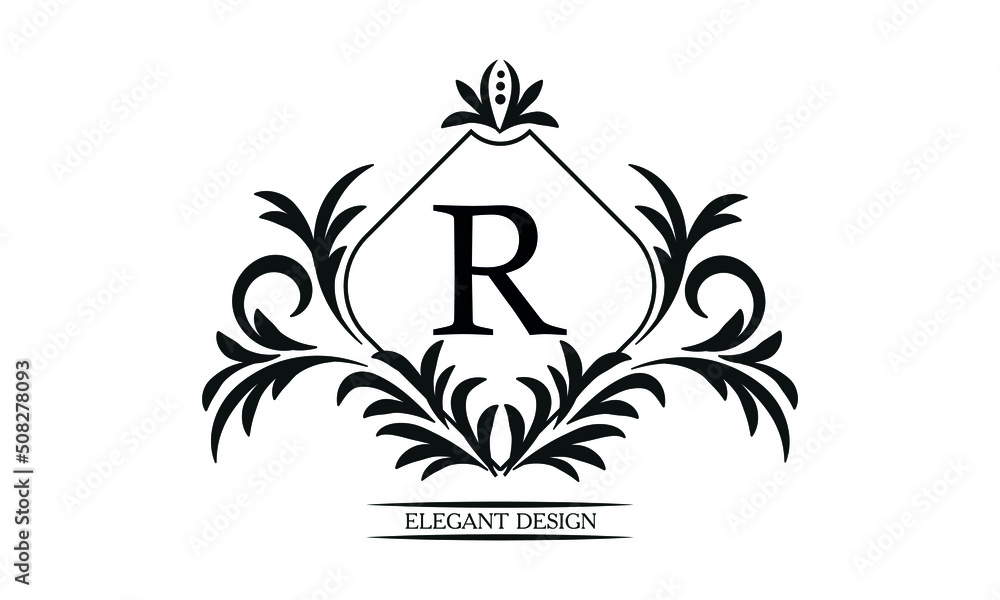 Vintage elegant logo with the letter R in the center. Black ornament on a white background. Business sign template, identity monogram for restaurant, boutique, heraldry, jewelry