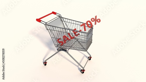 Trolley cart for supermarket. Shopping cart. 70% discount. 3D visualization.