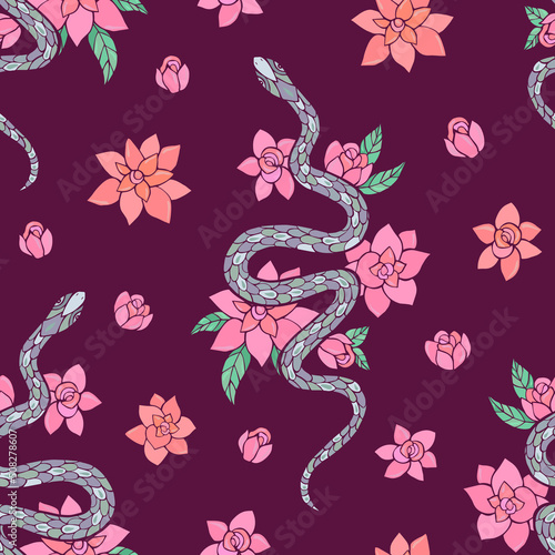 Seamless vector pattern of snakes and flowers. Background for greeting card, website, printing on fabric, gift wrap, postcard and wallpapers.	
