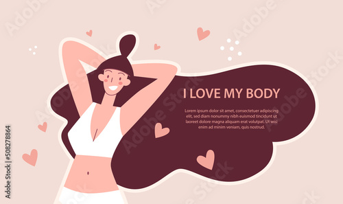 Body positive. Happy harmonious girl. Love your body. Vector illustration concept 