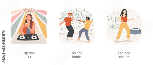 Hip-hop culture isolated cartoon vector illustration set. Glamorous teenager DJ mixing tracks, hip-hop battle, group of teen boys stand in circle, stylish girl perform modern dance vector cartoon.