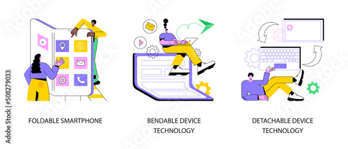 Modern electronics abstract concept vector illustration set. Foldable smartphone, bendable and detachable device technology, modular electronics, phone design, flexible display abstract metaphor.