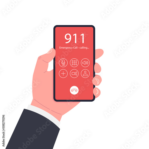 Emergency call. Hand holding smartphone with emergency number 911 on the screen. Vector illustration..