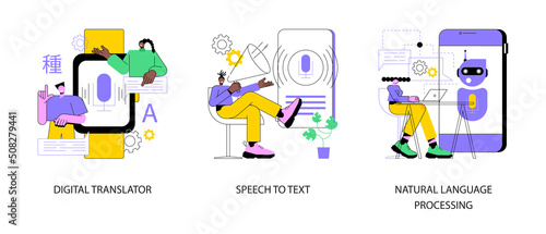 Multilingual mobile application abstract concept vector illustration set. Digital translator, speech to text, natural language processing, electronic dictionary, voice recognition abstract metaphor.