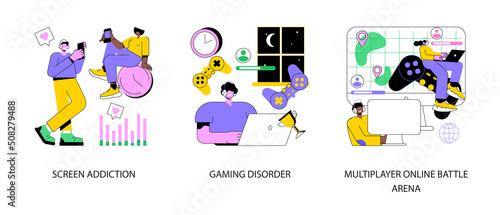 Digital overload abstract concept vector illustration set. Screen addiction, gaming disorder, multiplayer online battle arena, mental health, gaming platform, real-time strategy abstract metaphor.