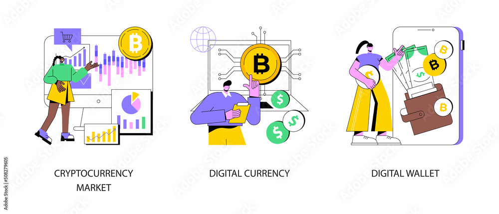 Fototapeta premium Digital money abstract concept vector illustration set. Cryptocurrency market, digital currency, electronic wallet, e-money transfer, payment technology, banking tool, shopping abstract metaphor.