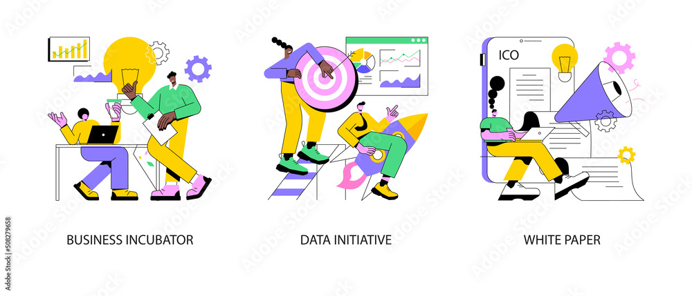 Startup development abstract concept vector illustration set. Business incubator, data initiative, white paper, ICO investment document, new product launch, open platform abstract metaphor.