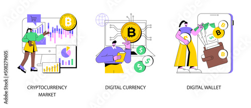 Digital money abstract concept vector illustration set. Cryptocurrency market, digital currency, electronic wallet, e-money transfer, payment technology, banking tool, shopping abstract metaphor.