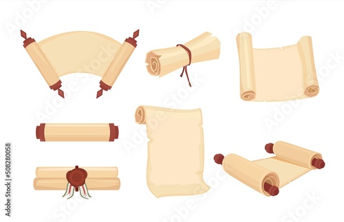 Cartoon old paper scroll and parchment vector set
