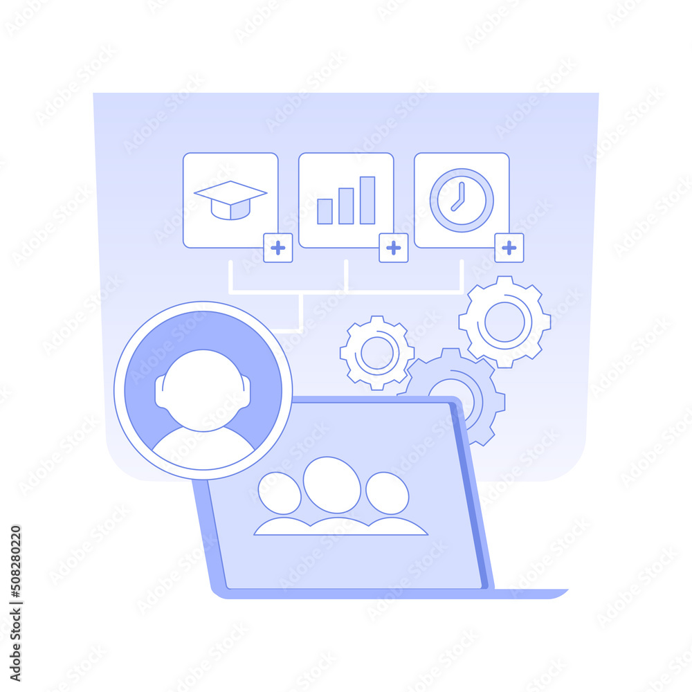 HR management software isolated concept vector illustration. Professional HR manager recruiting using laptop and special software, human resources, headhunting agency vector concept. HR management software isolated concept vector illustration. Professional HR manager recruiting using laptop and special software, human resources, headhunting agency vector concept.