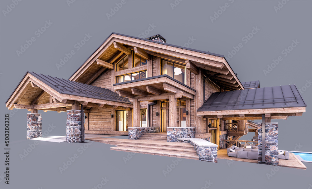 3d rendering of modern cozy chalet with pool and parking for sale or rent. Massive timber beams columns. In the evening. Isolated on gray 3d rendering of modern cozy chalet with pool and parking for sale or rent. Massive timber beams columns. In the evening. Isolated on gray