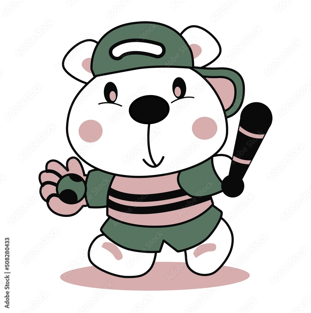 Bear with gloves holding baseball bat and ball Bear with gloves holding baseball bat and ball